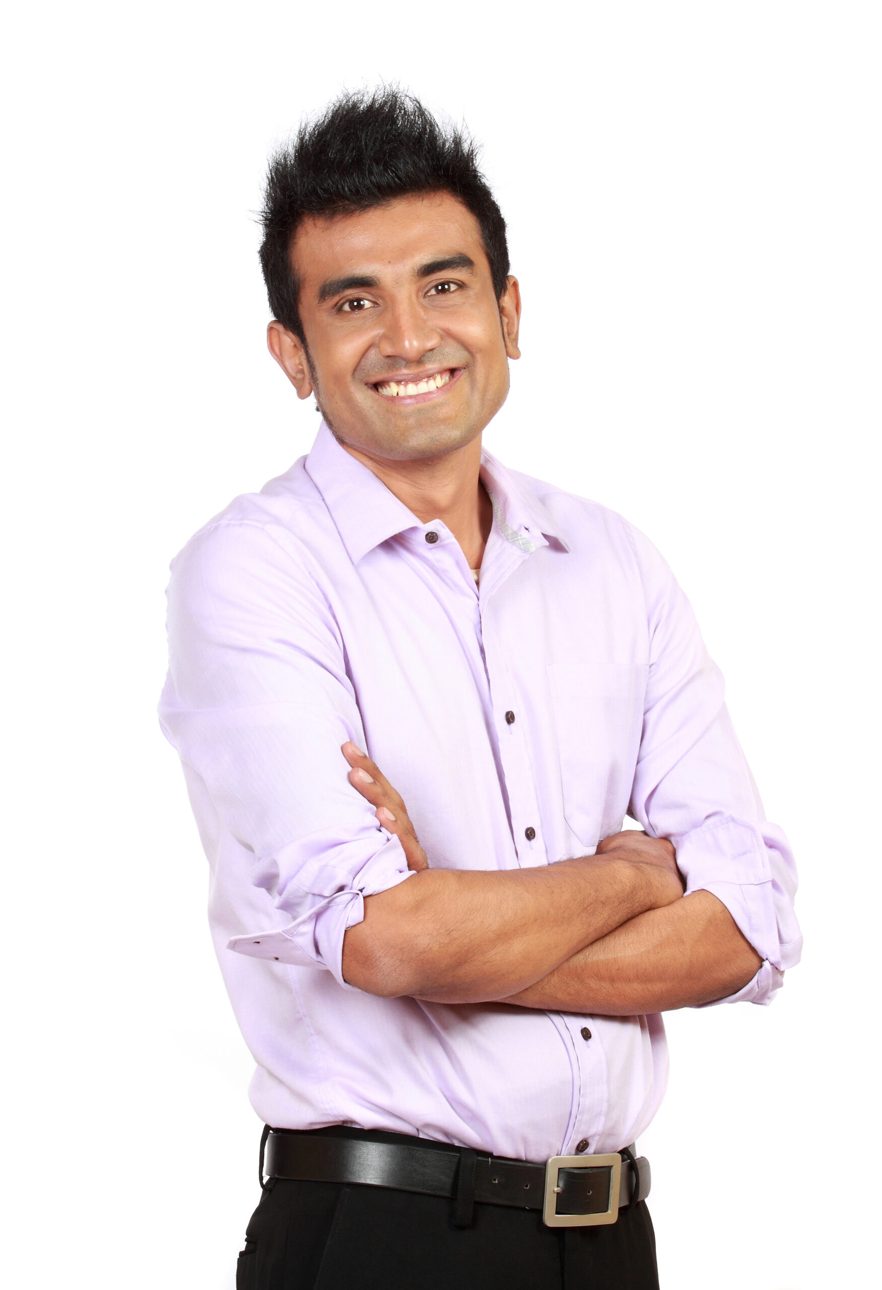 attractive man casually standing against white background